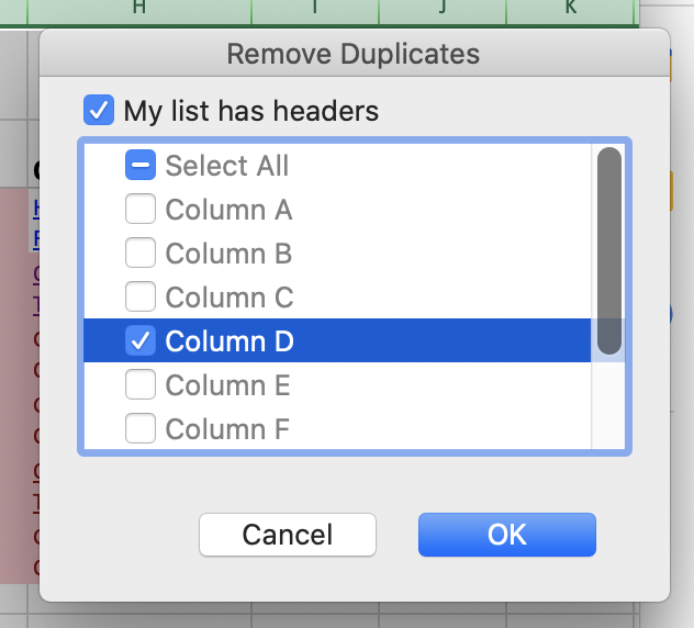 Remove duplicates column selector on Excel.
