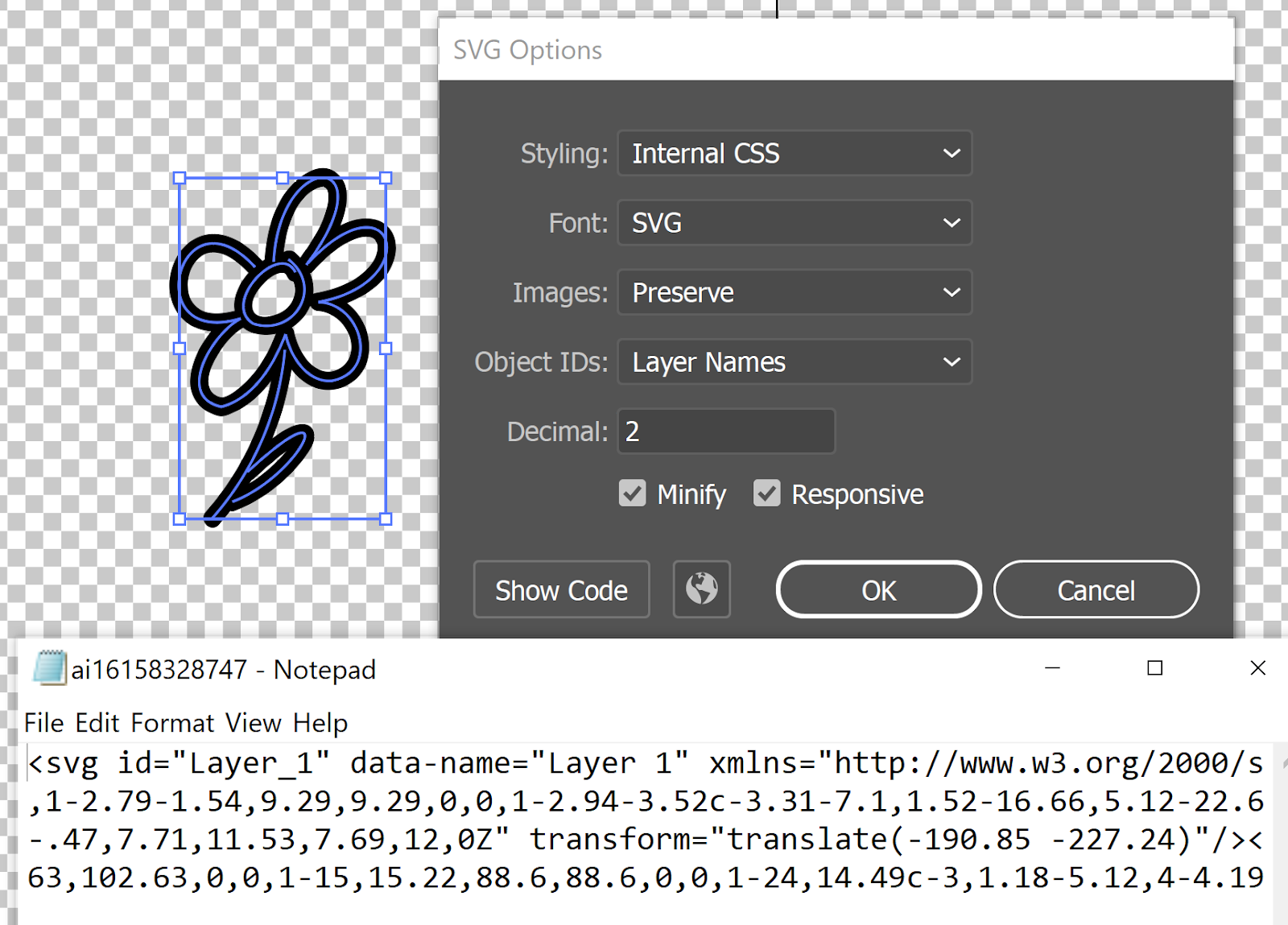 black flower design outlined with SVG XML code