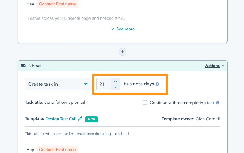 Screenshot of setting up a sequence that will create a task in 21 business days. The number of business days is highlighted to show the new feature.
