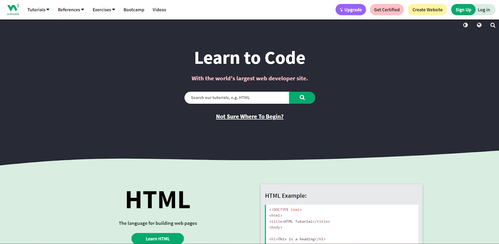Programming for beginners, Homepage of W3schools
