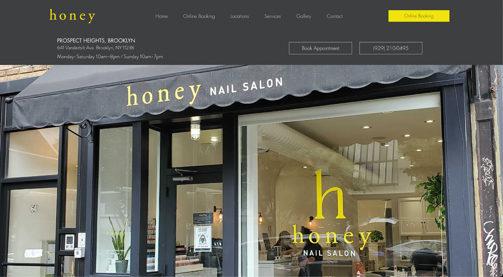 Best nail salon websites, example from Honey Nail Salon.