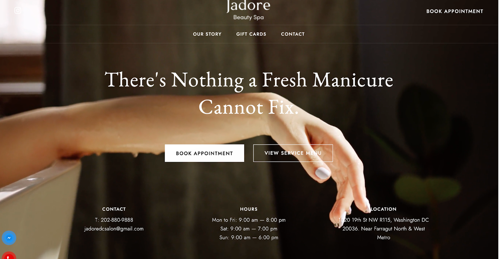 Best nail salon websites, example from Jadore Beauty Spa.