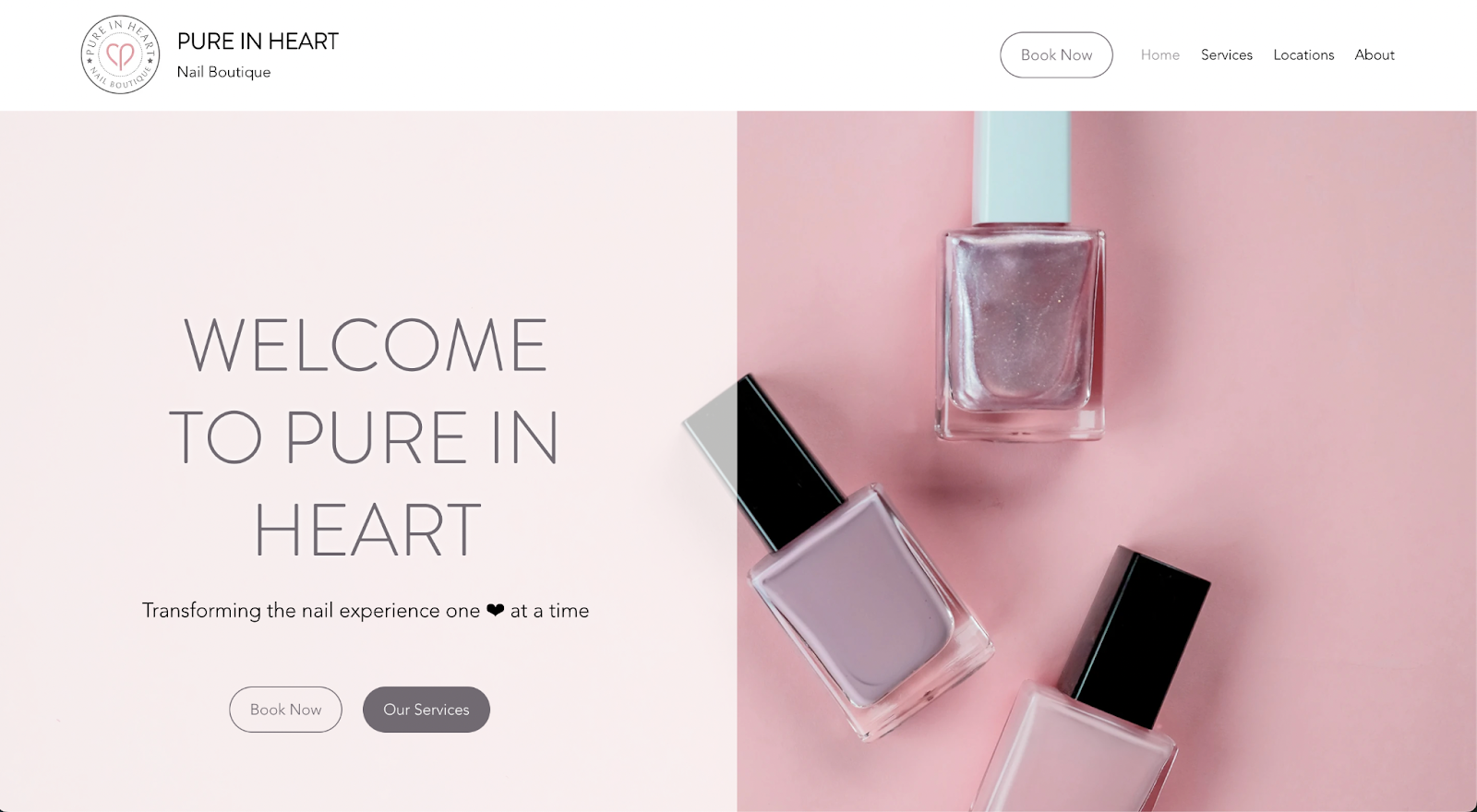 Best nail salon websites, example from Pure in Heart.