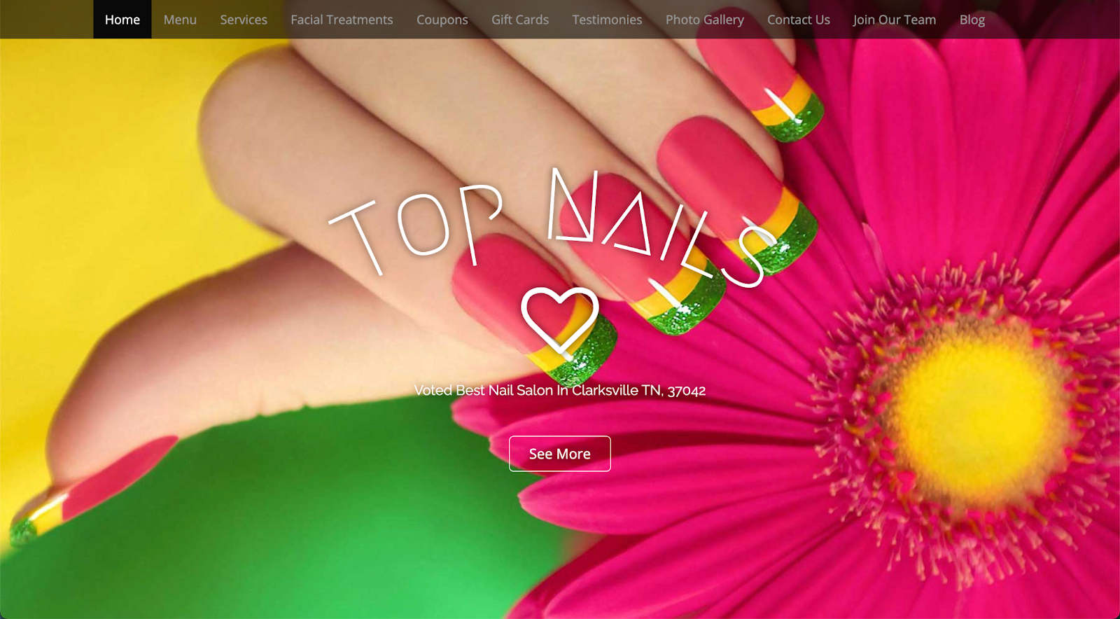 Best nail salon websites, example from Top Nails.