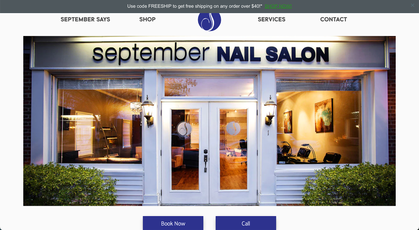 Best nail salon websites, example from September Nail Salon.