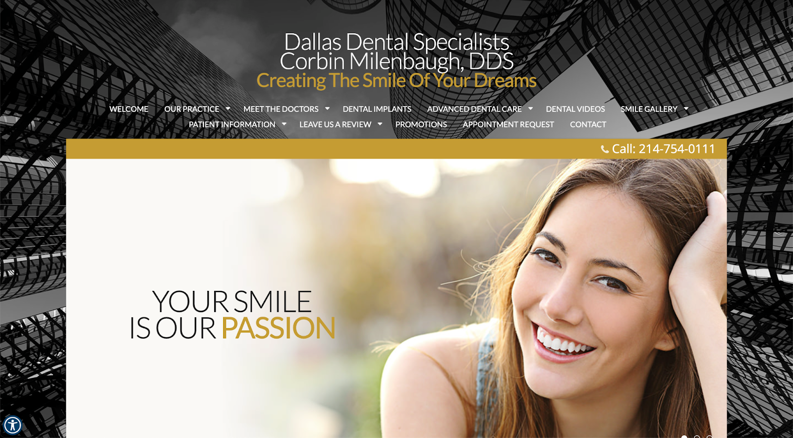 Bold color schemes evoke a professional air for this dental website at Dallas Dental Specialists