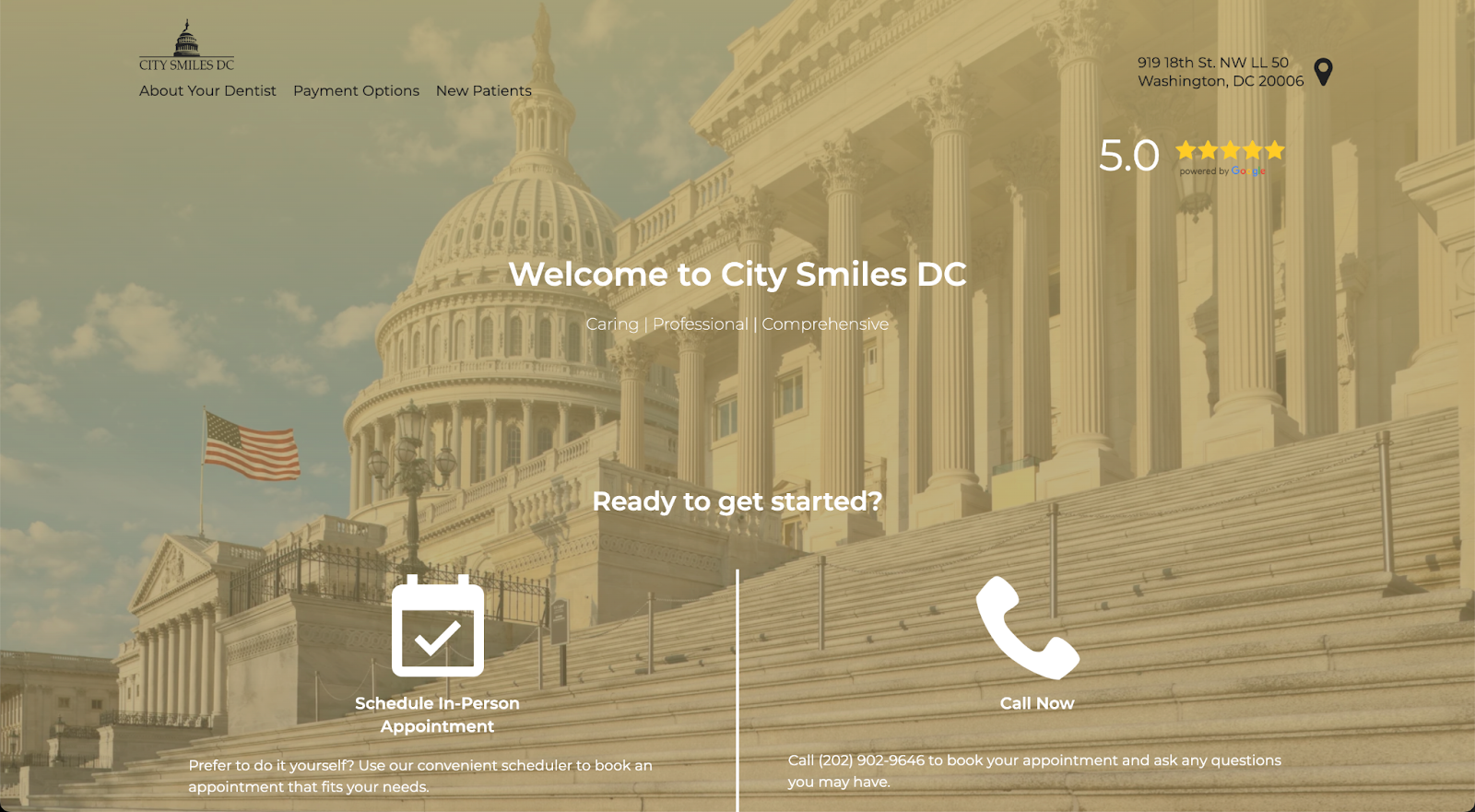 Use your local surroundings to serve as your inspiration point for your dental website, like City Smile DC did