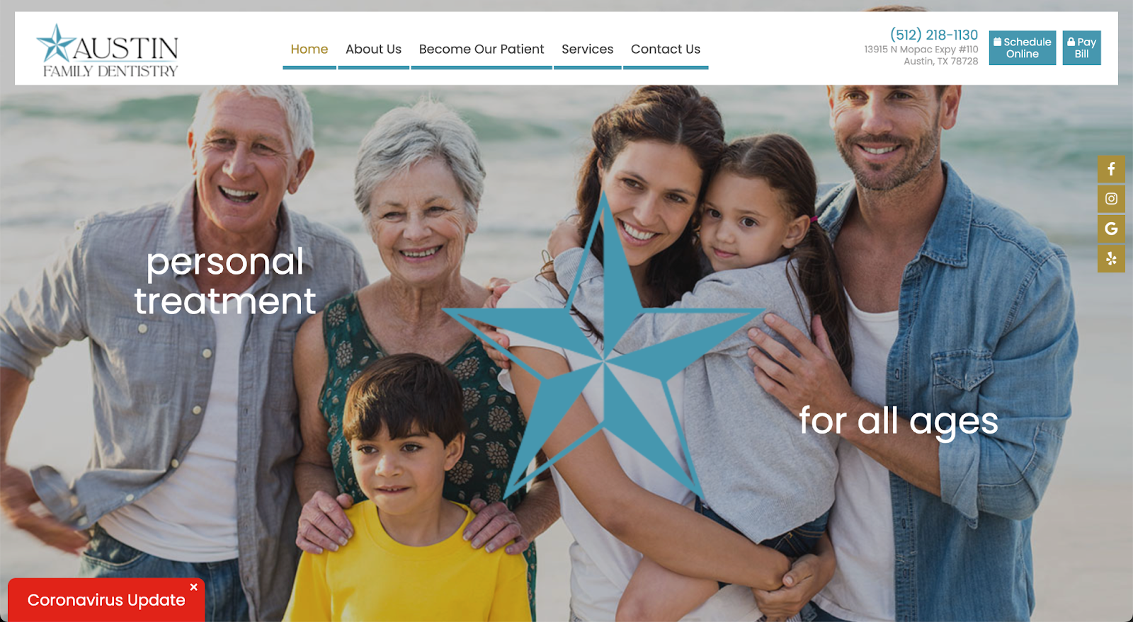 Show your state pride when you design your next dental website, like the Austin Family DDS website has
