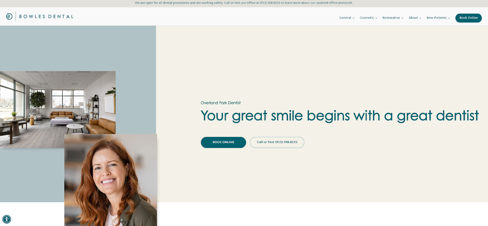 The Bowles Dental dental website has a lot to love about it for anyone designing a dental website of their own
