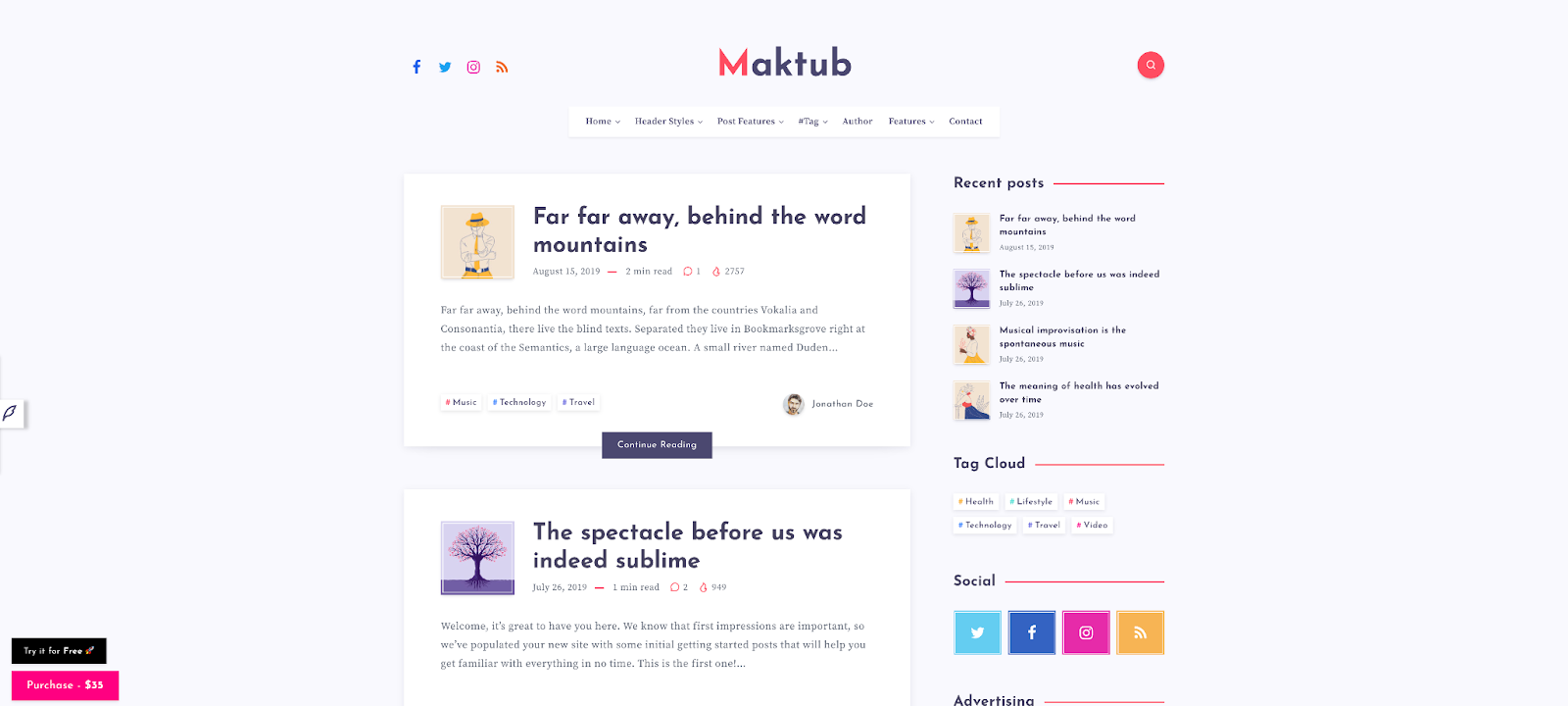 Use Maktub to build a colorful blog on either WordPress or the Ghost platform