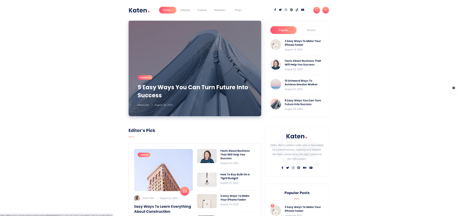 Katen is a flexible WordPress template that you can use for your blog or business website