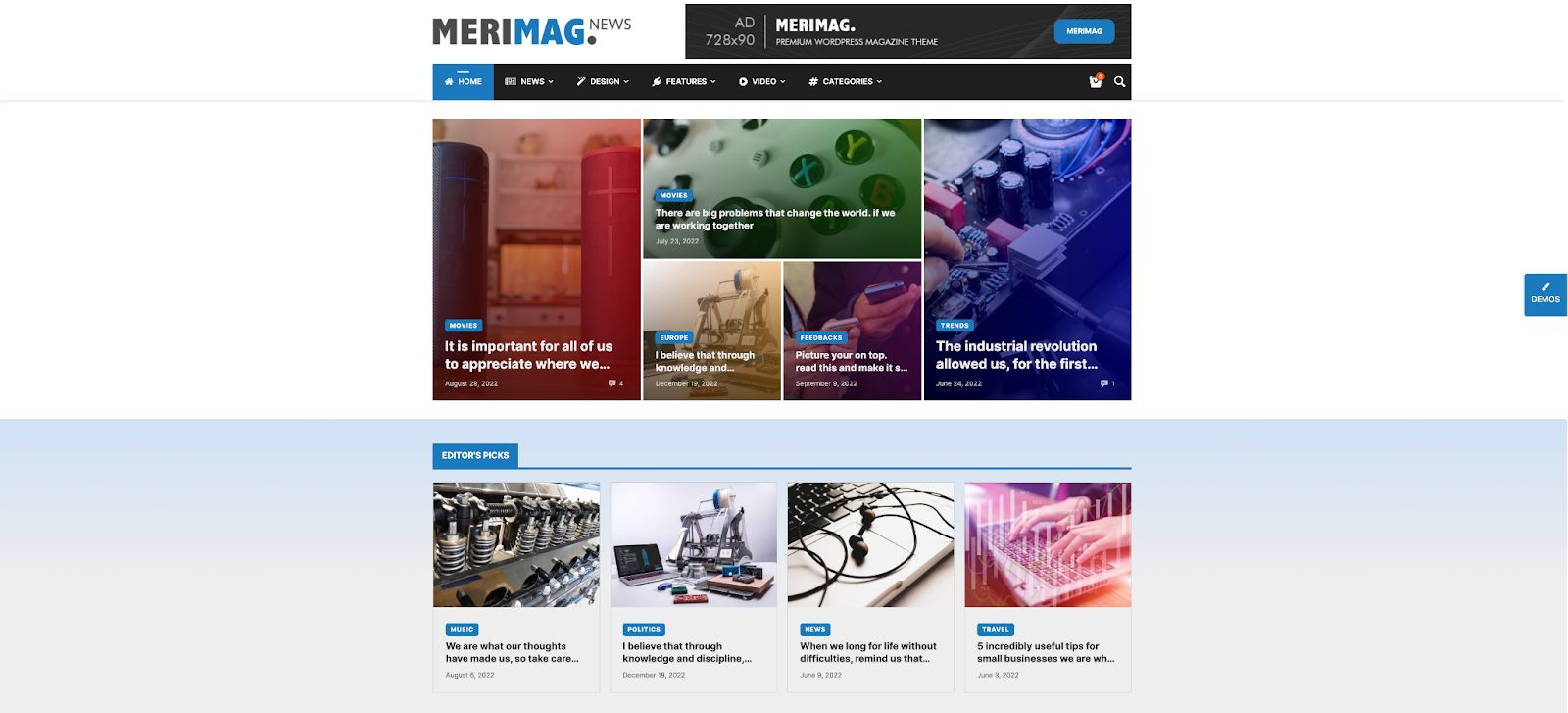 Use MeriMag to get a classic news and blog template for WordPress