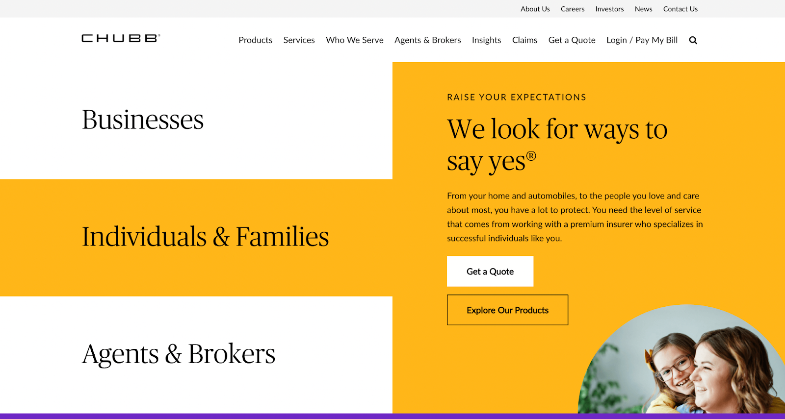 Insurance website design, example from Chubb Insurance