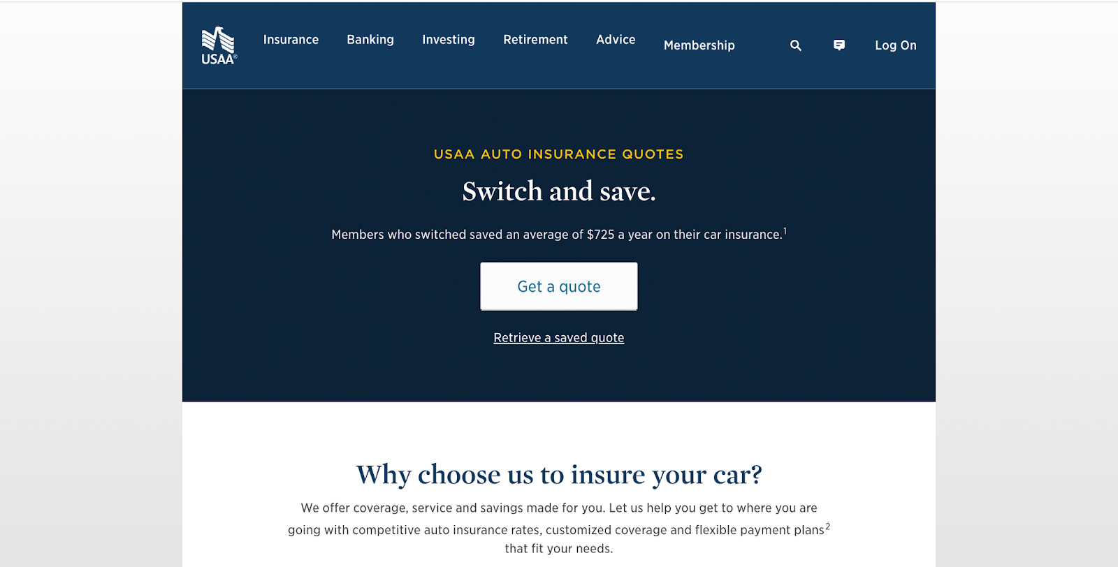 Insurance website design, example from USAA Insurance