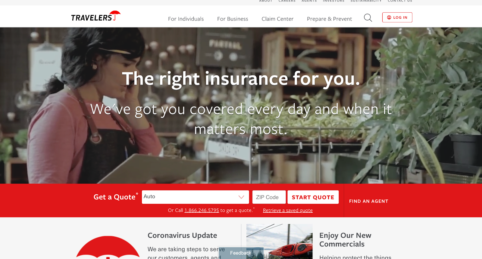 Insurance website design, example from Travelers Insurance