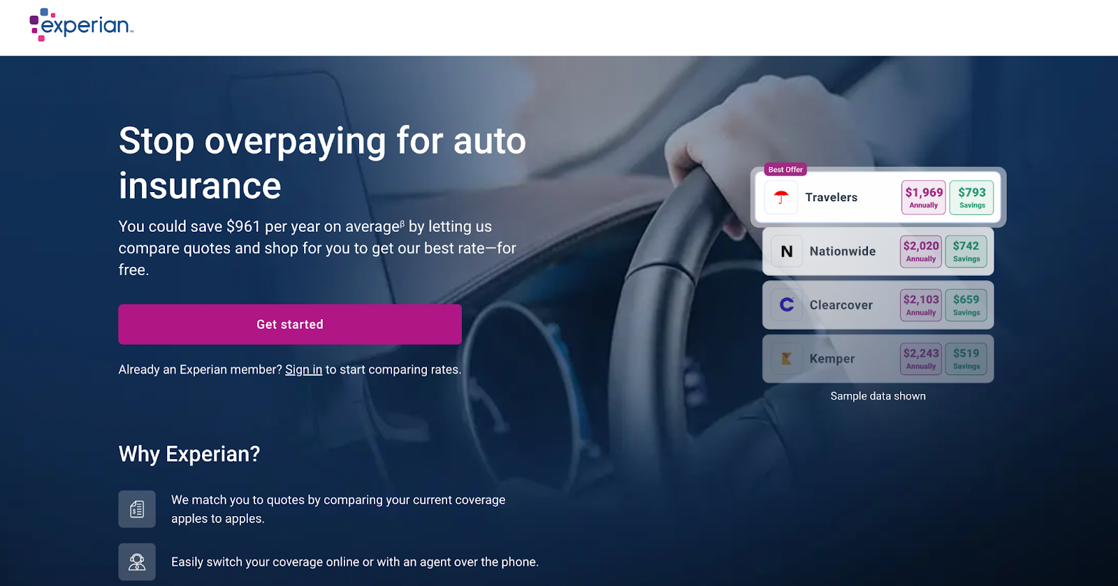 Insurance website design, example from Experian Insurance