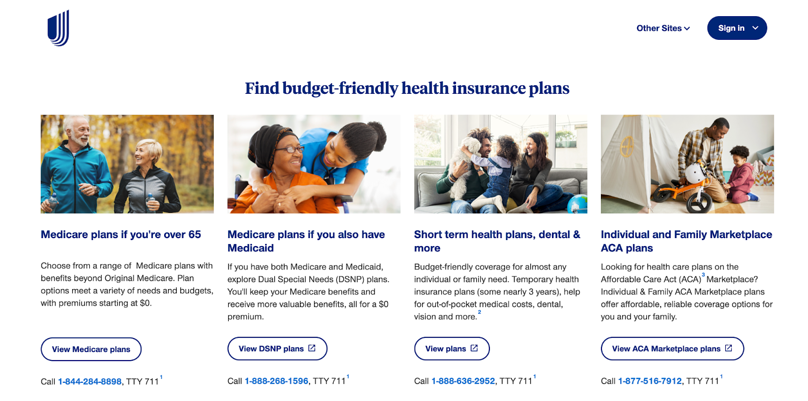 Insurance website design, example from United Health Insurance