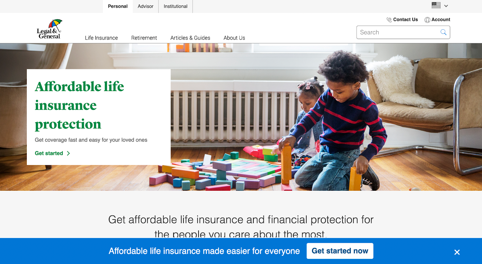 Insurance website design, example from Legal & General Insurance