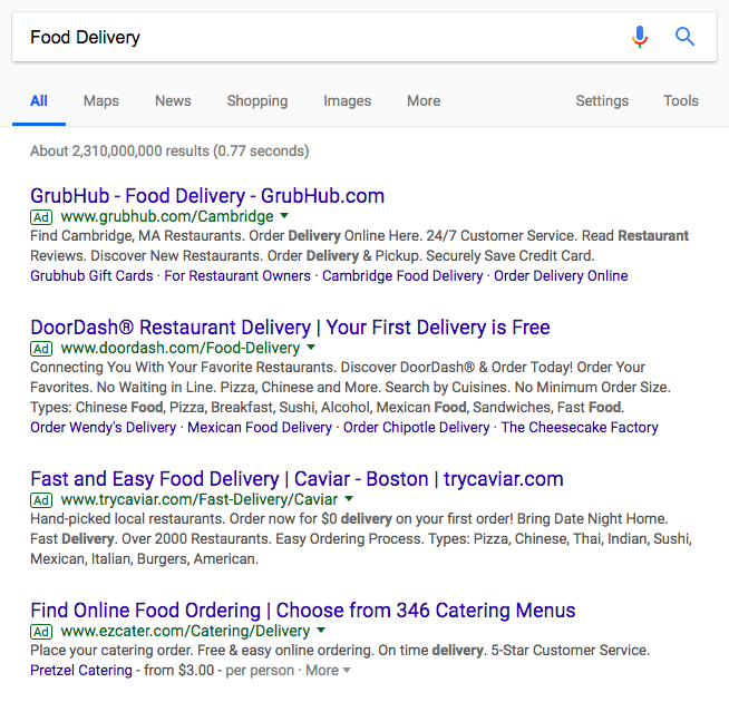 تبلیغات جستجوی Google برای «تحویل غذا»