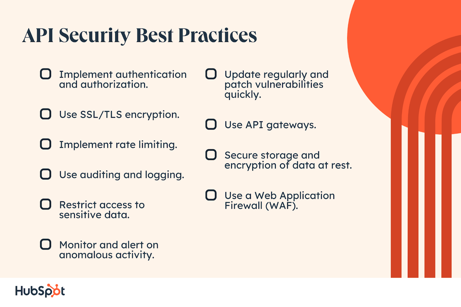 API Security Best Practices. Implement authentication and authorization. Use SSL/TLS encryption. Implement rate limiting. Use auditing and logging. Restrict access to sensitive data. Monitor and alert on anomalous activity. Update regularly and patch vulnerabilities quickly. Use API gateways. Secure storage and encryption of data at rest. Use a Web Application Firewall (WAF).