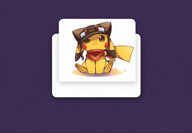 css card animation, a mouse hovers on an image a pikachu and lorem ipsum text appears underneath