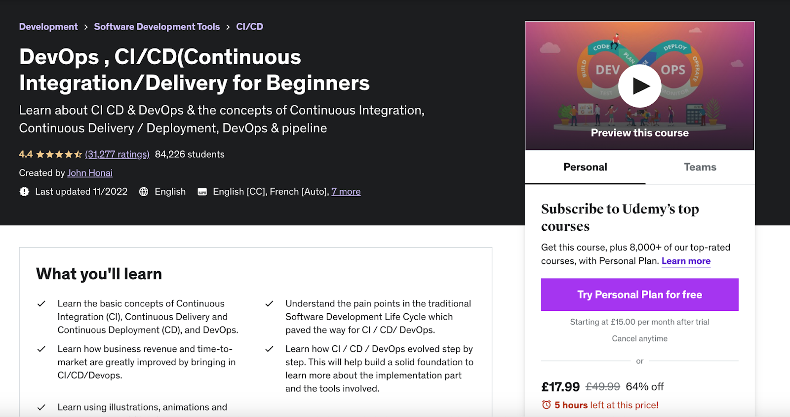 CI/CD (Continuous Integration/Delivery), DevOps for Beginners course