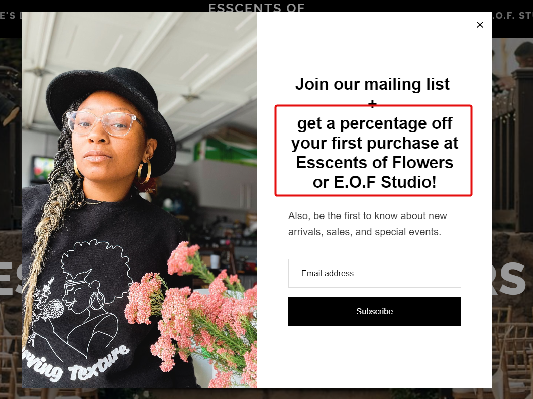 Best florist websites — Esscents of Flowers subscribe pop-up.