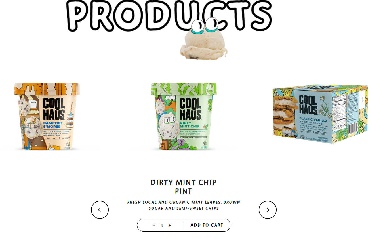 Coolhaus product page displaying campfire s’mores ice cream, dirty mint chip, and classic vanilla ice cream sandwiches.