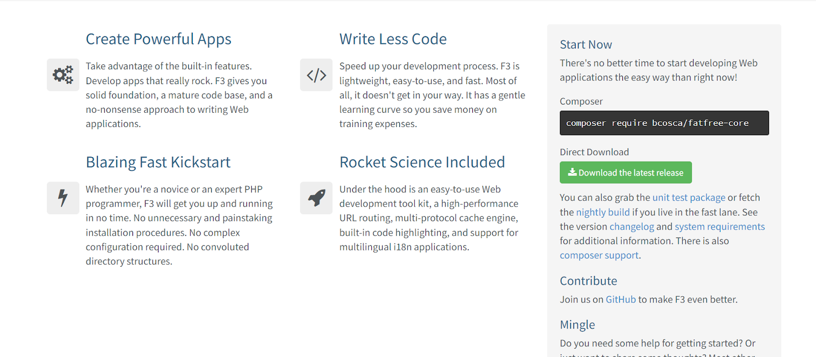 Simple PHP framework, Fat-Free Framework web page screenshot.