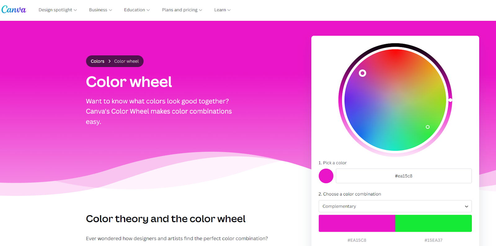 Screenshot of Canva's color wheel tool revealing a hot pink and a green complementary color drawn from the opposite side of the wheel.