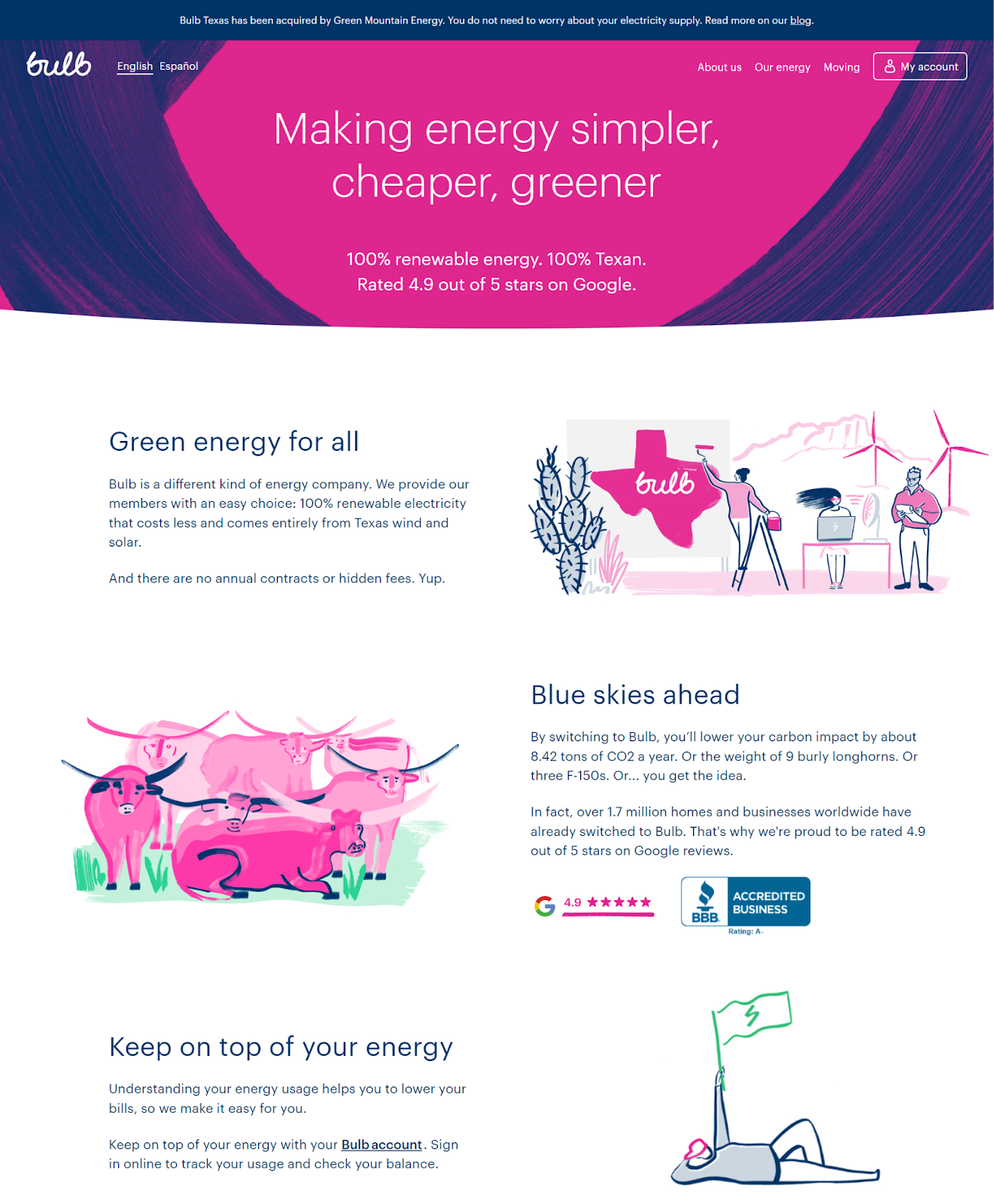 Bulb lead with a pink website design. Pink is used in their hero and across the site in images and icons.