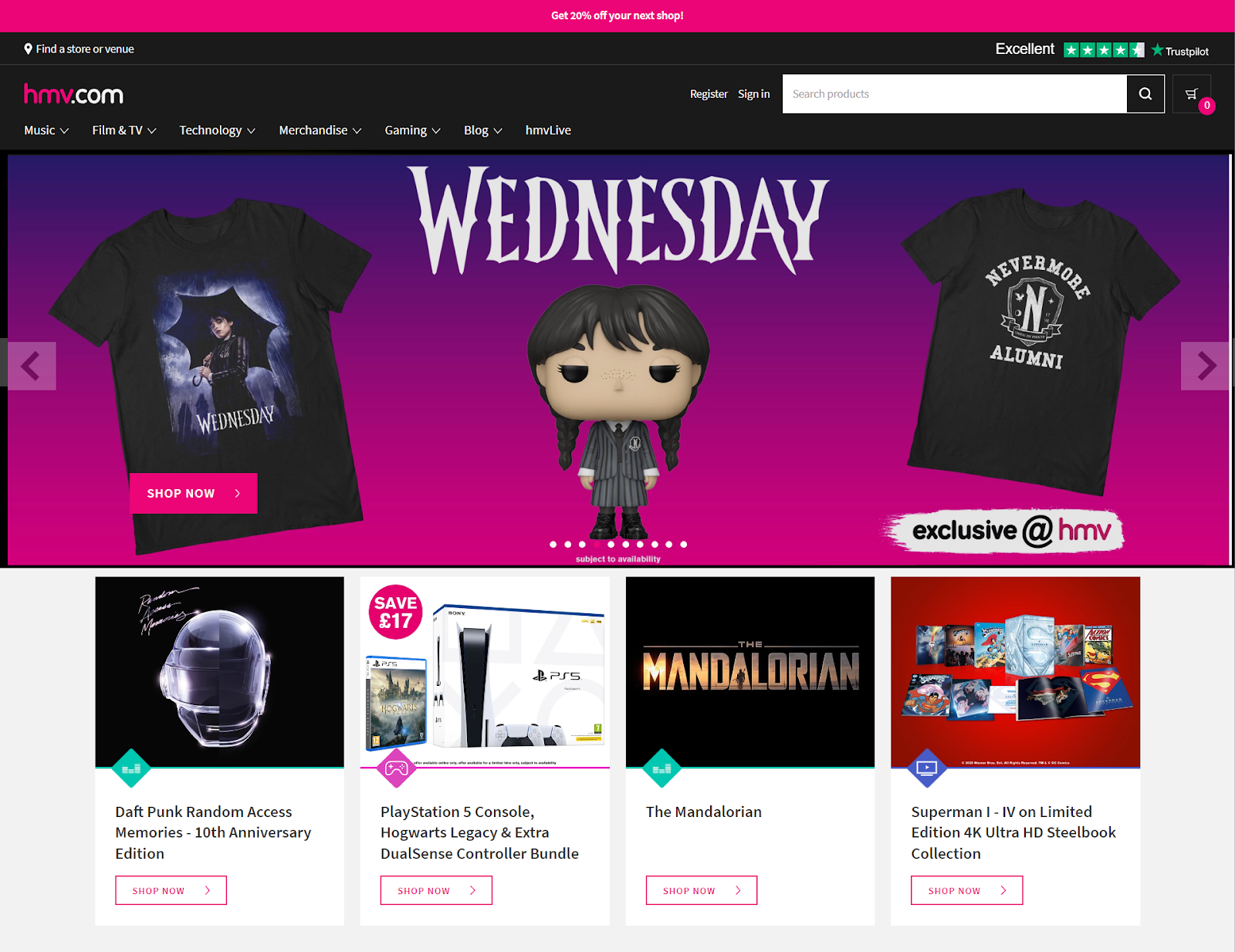 HMV’s homepage shows how pink is used across the site.
