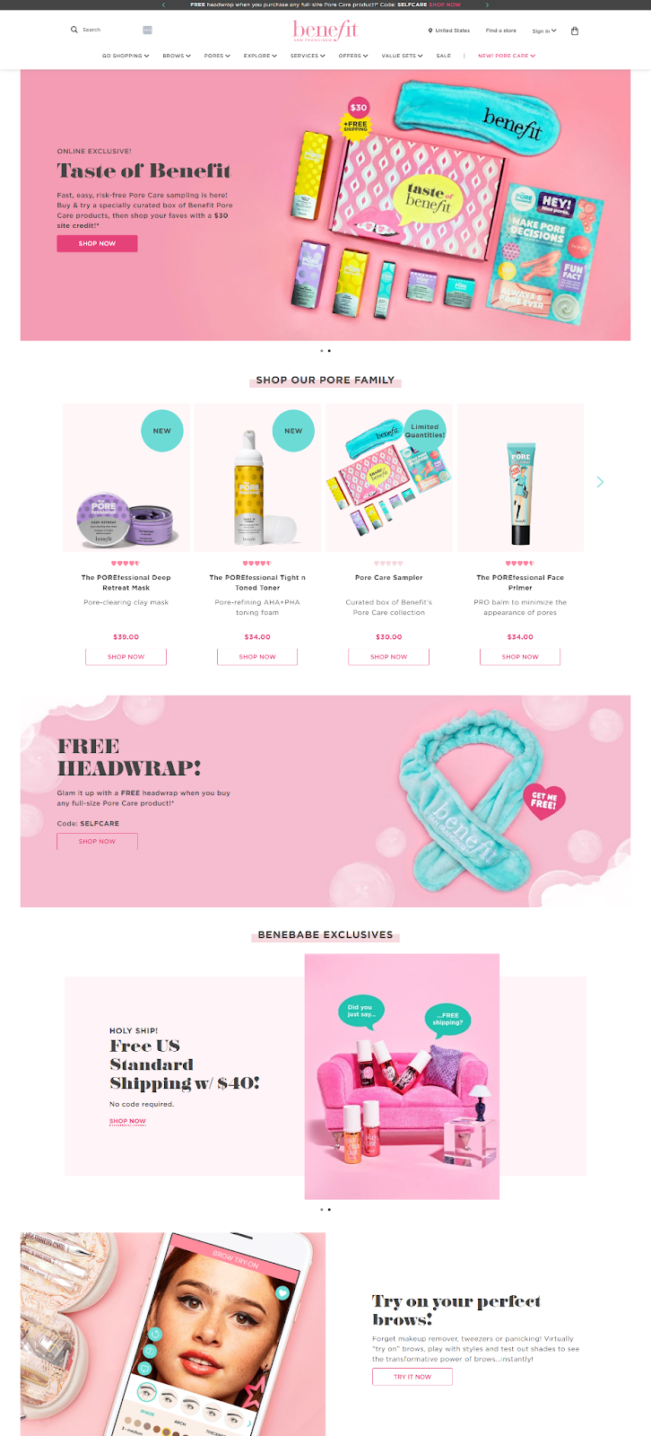 Benefit Cosmetics' homepage screenshot shows how a pink color scheme is used throughout their pink website.