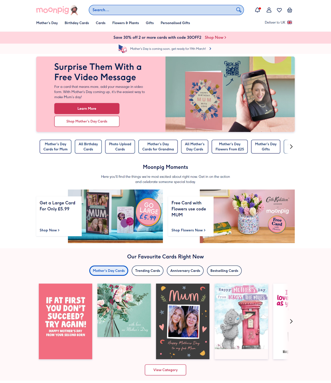  Moonpig's site demonstrates how a pink background is utilized to highlight specific blocks.