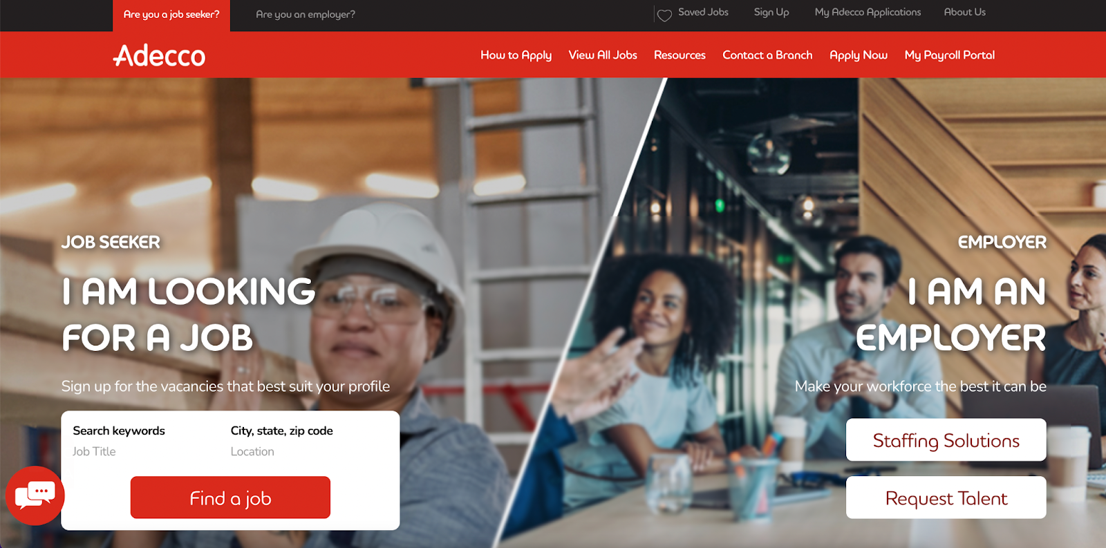homepage for the recruiting website adecco