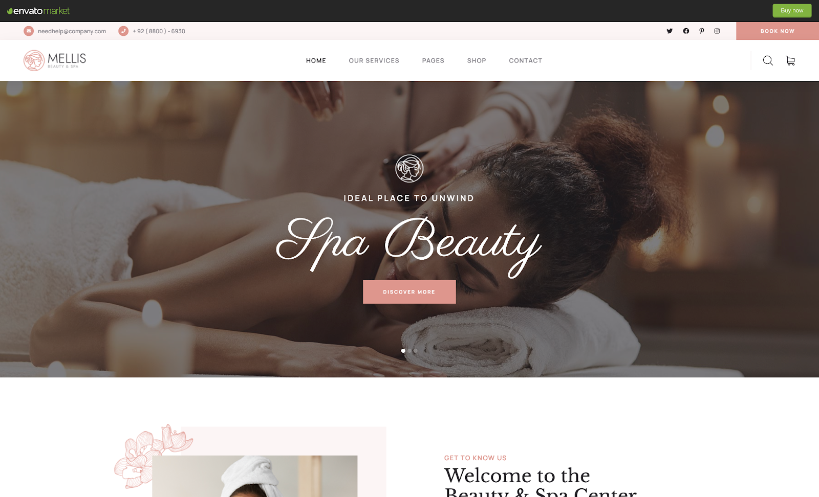 Create a serene, zenlike Website for your spa or skincare brand with the Mellis responsive Website template