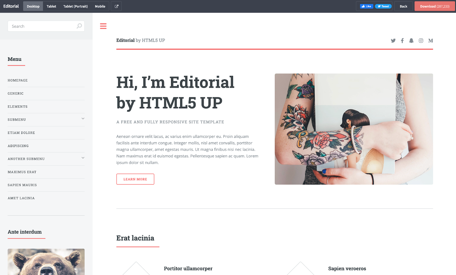 Use the Editorial free responsive Website template to easily build a blog or newsletter Website