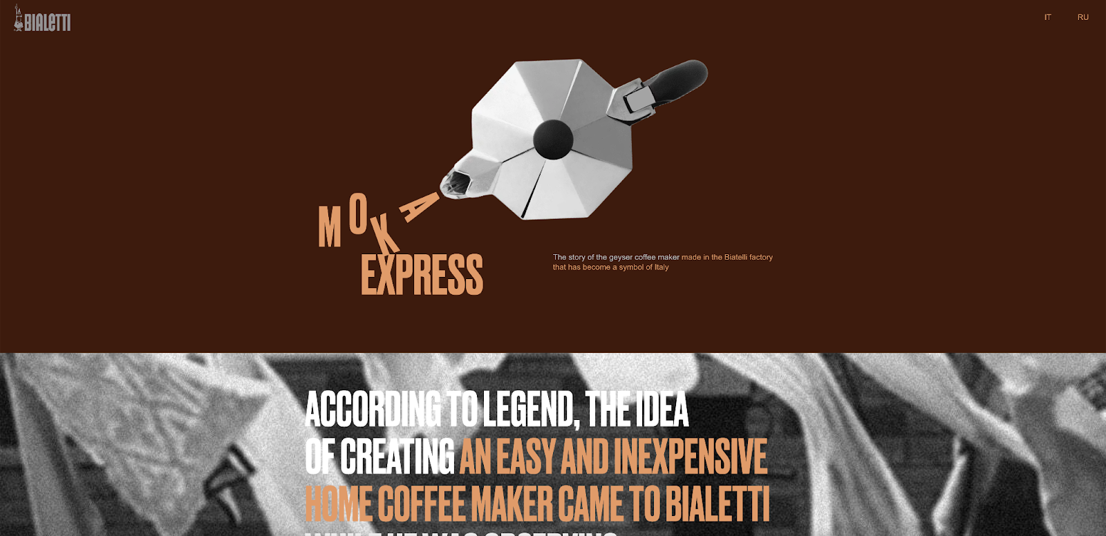 The Bialetti website features retro illustrations, a classic color scheme, and a simple, elegant layout for your inspiration needs