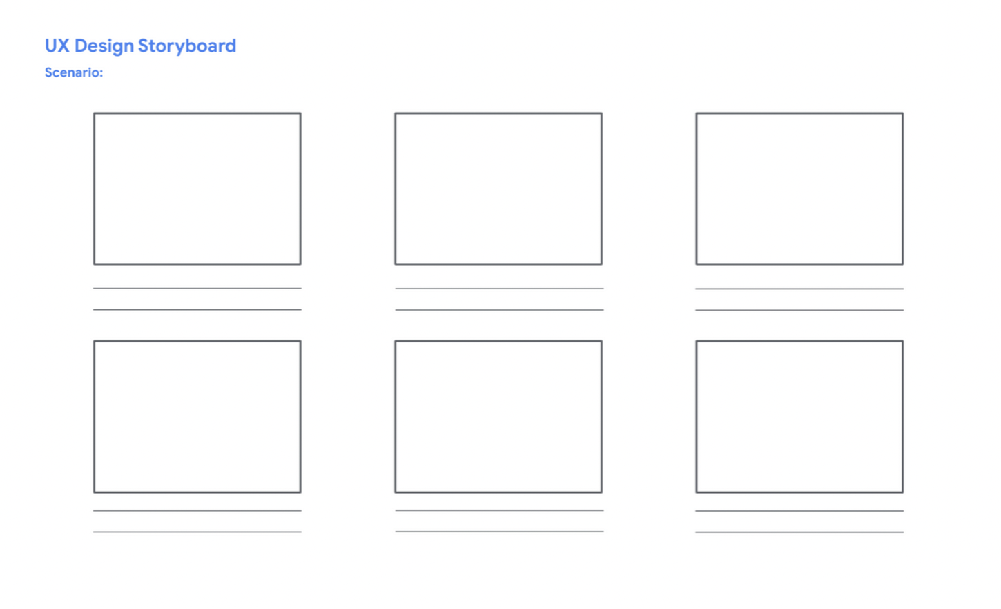 UX storyboard template example of six blank boxes with space for writing below.