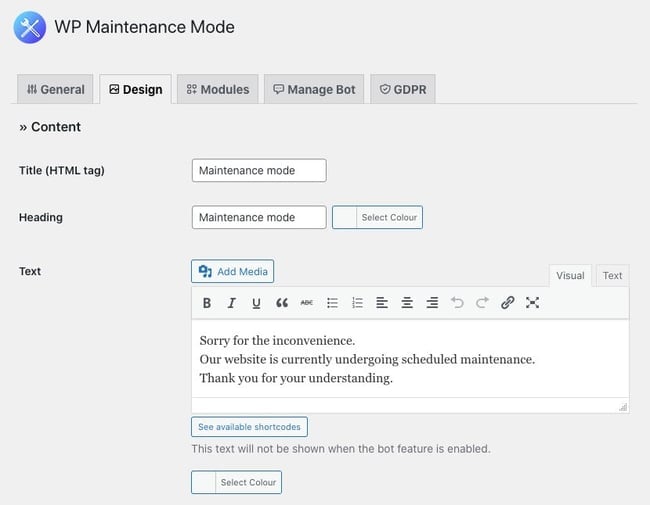 wordpress maintenance mode design tab