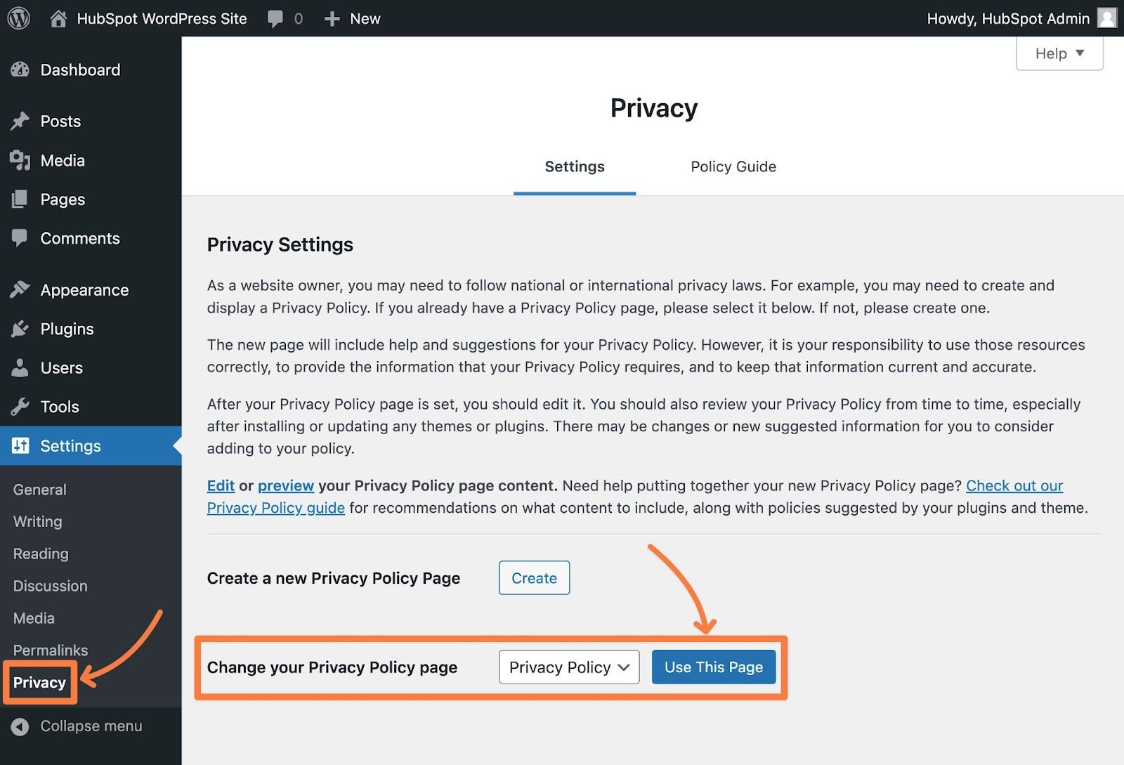 How to add a privacy policy to WordPress site, step one.