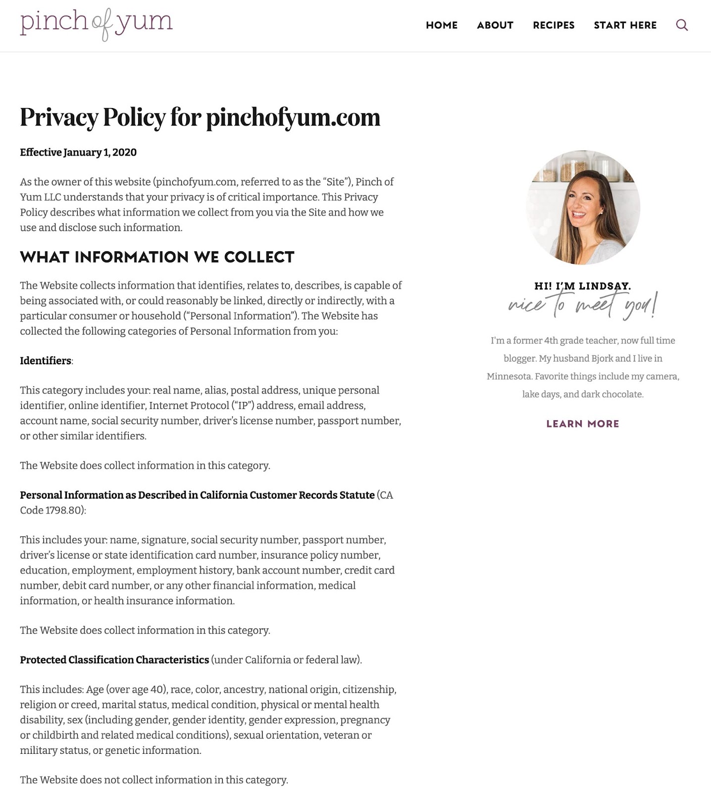 WordPress privacy policy, example from Pinch of Yum