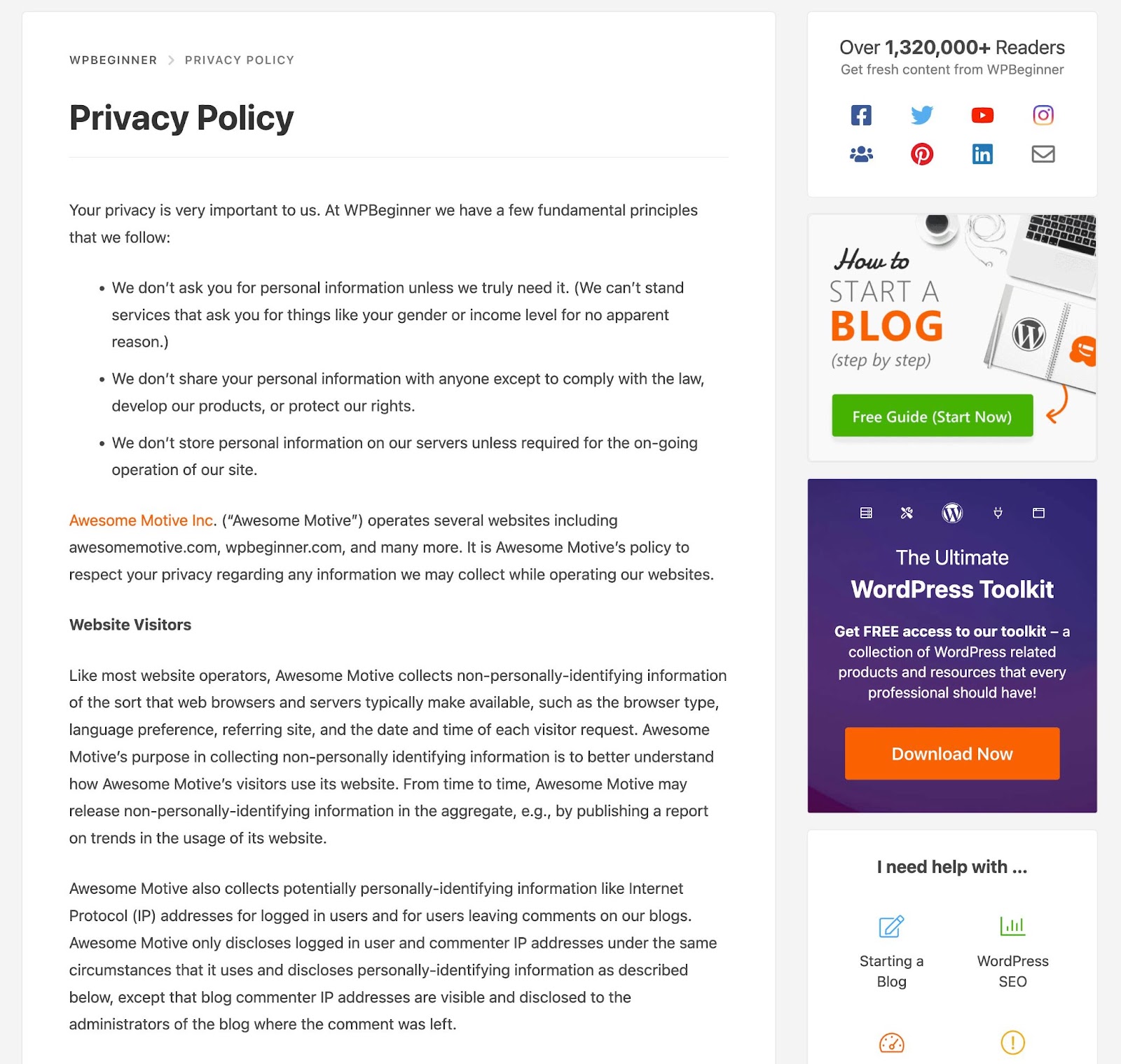 WordPress privacy policy, example from WPBeginner