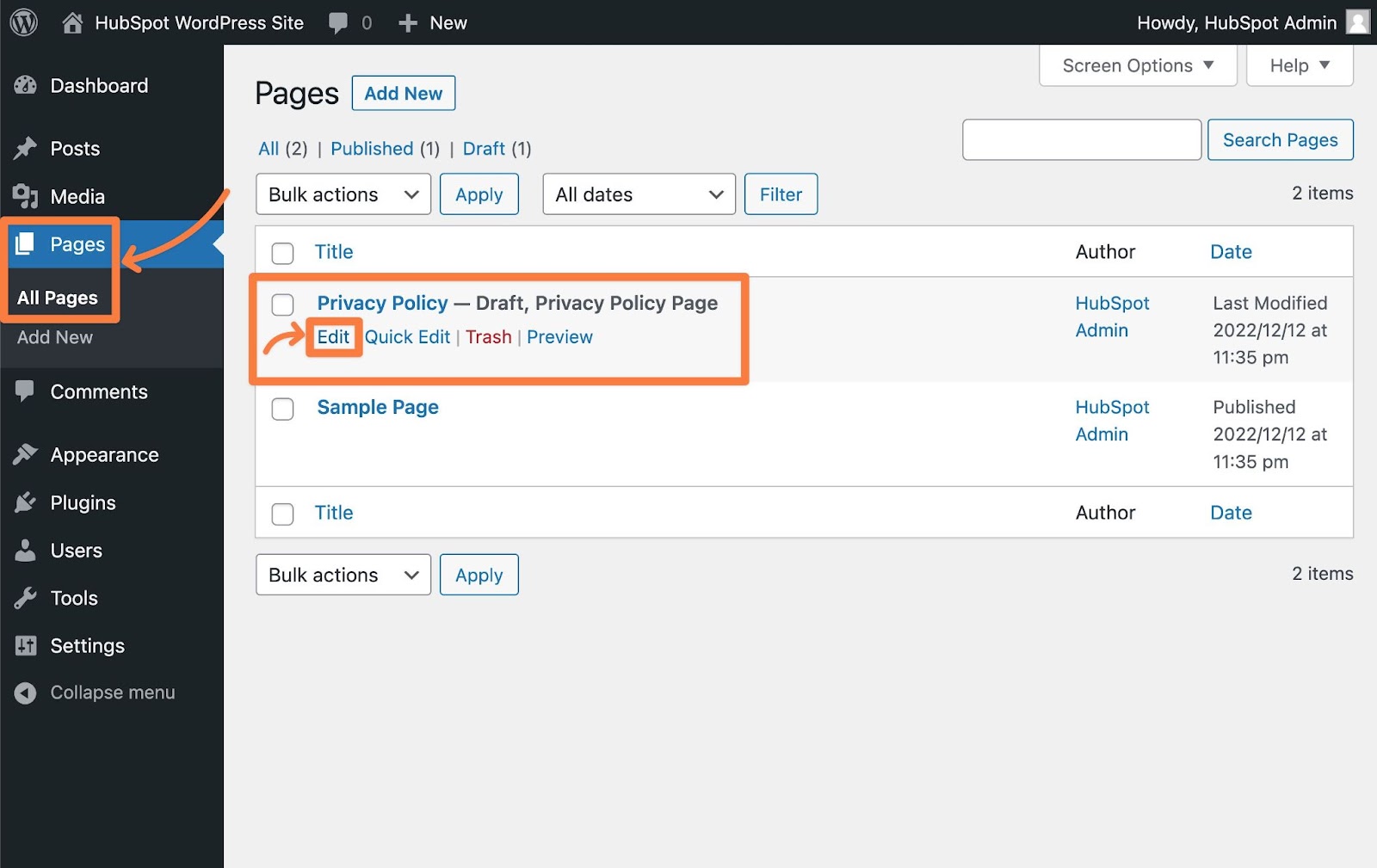 How to add a privacy policy to WordPress site, step two.