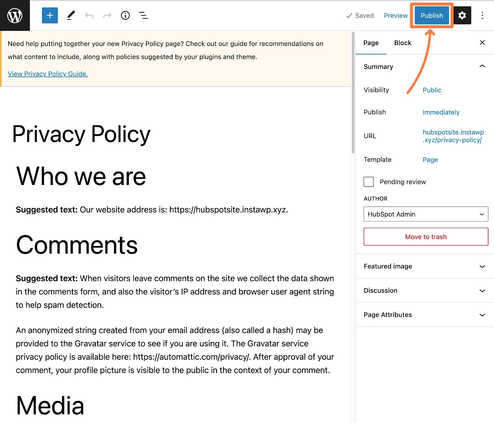 How to add a privacy policy to WordPress site, step three.