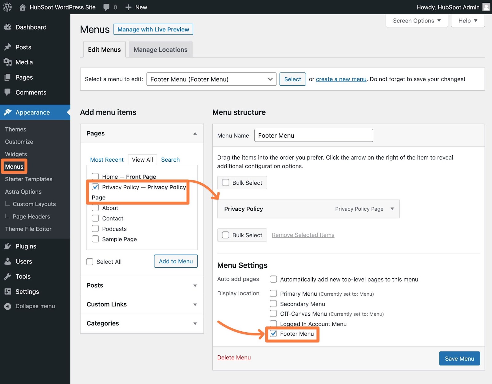 How to add a privacy policy to WordPress site, step four.
