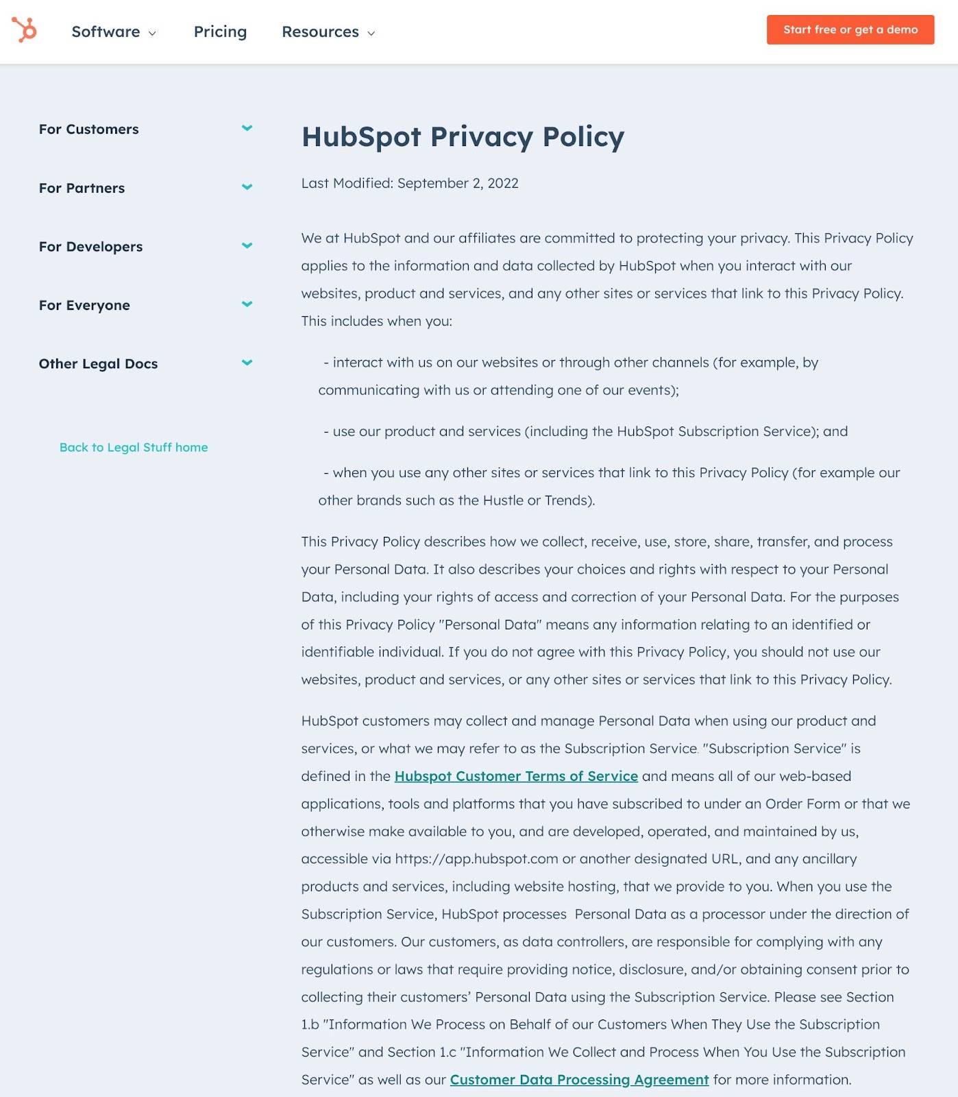 WordPress privacy policy, example from HubSpot