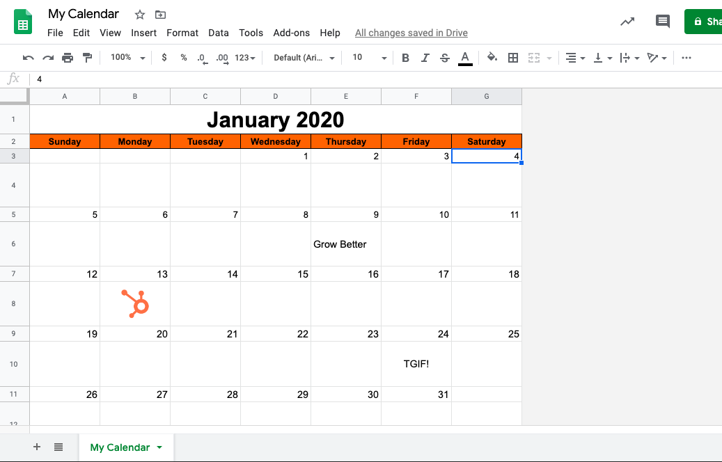Example of a Calendar in Google Sheets