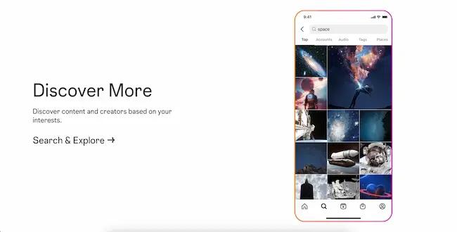 Image showing what Instagram “Search” results for the term “space” look like on a mobile device.