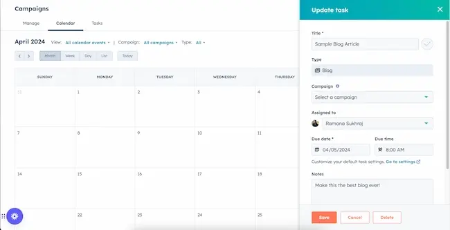 HubSpot's marketing calendar shows a variety of task details